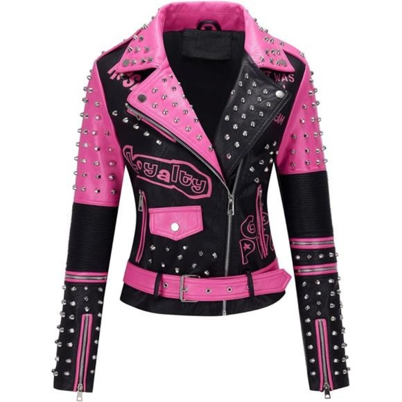 Women Faux Leather Jacket Studded Rivet Winter Streetwear Belted, Black-Pink